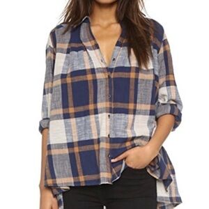 Free People Preppy in Plaid Ruffle Button Down Shirt Size Small